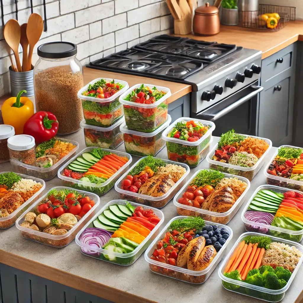 A well-organized kitchen counter with prepped healthy meals in reusable containers. Dishes include quinoa, grilled chicken, roasted vegetables, and fresh salads, representing healthy meal prep ideas.